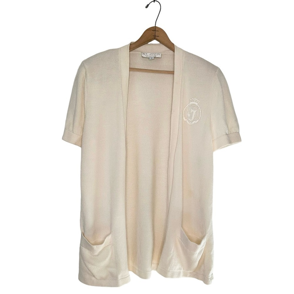 St. John Collection | Cream Knit Short Sleeve Open Cardigan Sweater Size Large